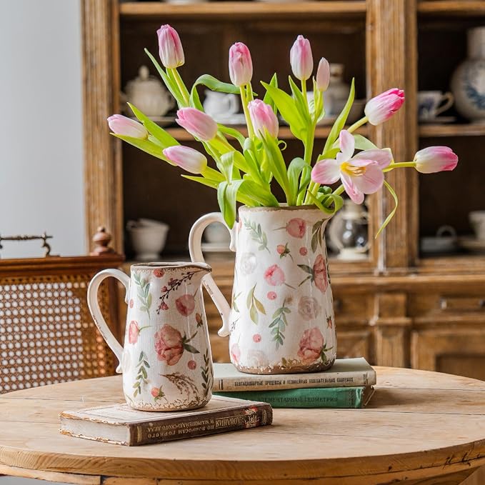Retro Rustic Large Ceramic Vase with Handle, Distressed Farmhouse Pitcher for Home, Ideal Shelf Decor Floral Vase for Living Room Bedroom Office Table Centerpiece Decorations 9 Inch