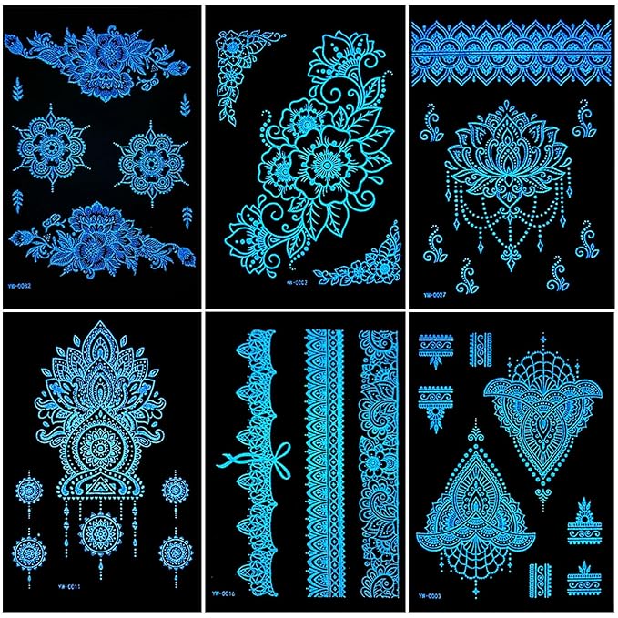 Blue Luminous Henna Tattoo Stickers Glow-in Dark Henna Temporary Decal for Women Flower Sexy Lace Fake Sticker for Halloween Wedding Night Glitter Party Supply