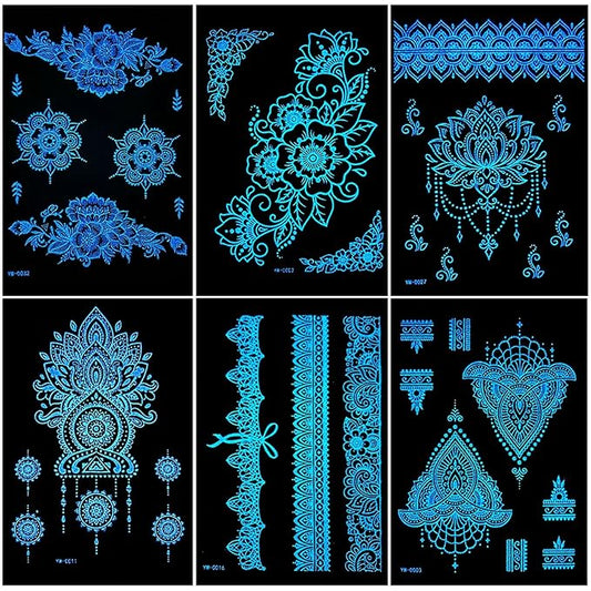Blue Luminous Henna Tattoo Stickers Glow-in Dark Henna Temporary Decal for Women Flower Sexy Lace Fake Sticker for Halloween Wedding Night Glitter Party Supply