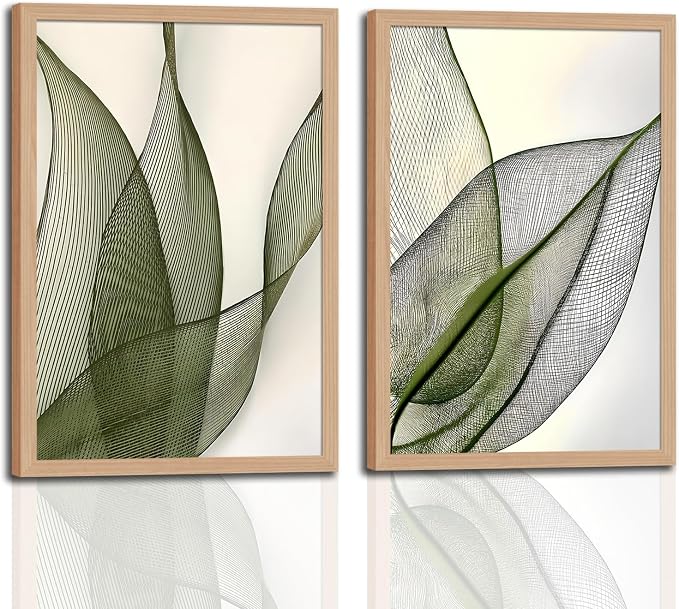 Green Leaf Wall Art Set of 2, Boho Botanical Framed Canvas Prints | Minimalist Botanical Plant Prints, for Living Room Bedroom Office 12x16 Inch