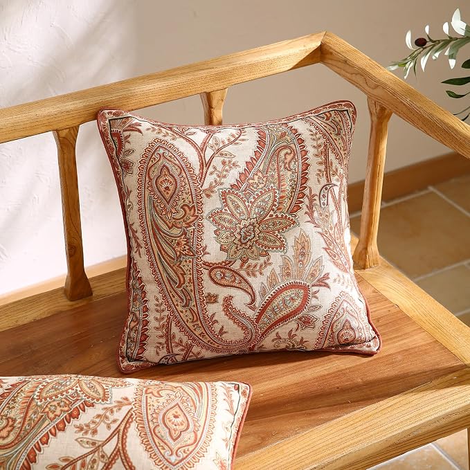 Vintage Linen Throw Pillow Cover,Set of 2,18"x18"-Chauffrey A | Designer Elegant Square Pillow Cover,Concealed Zipper Design,Cashew Pattern,Sofa,Bedroom,Living Room,Lounge Chairs
