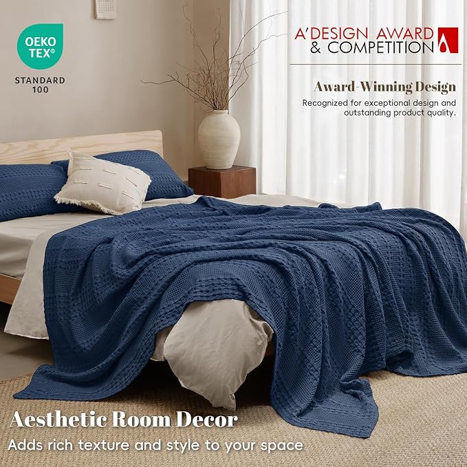 PHF 100% Cotton Waffle Blanket Twin Size, Lightweight Breathable Summer Blanket for Hot Sleepers, Pre-Washed Soft Layer for Bed, Dorm, Couch & Guest Room, Home Decor Gift, 66"x90", Blue Sapphire