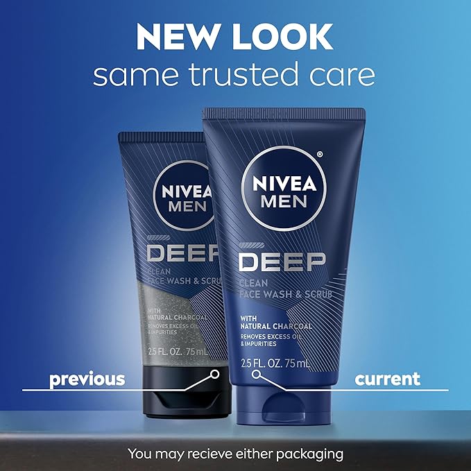 NIVEA MEN Deep Clean Face Wash and Scrub with Natural Charcoal, Exfoliating Face Wash for Men Removes Excess Oil, Dirt and Impurities, Beard Friendly Skin Care, 2.5 Fl Oz Tube, Pack of 3