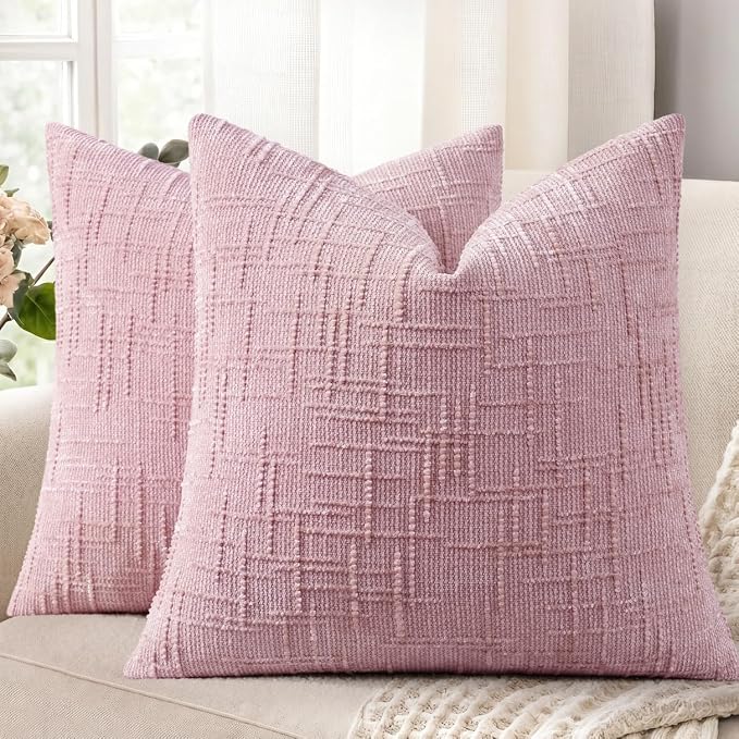 decorUhome Textured Chenille Throw Pillow Covers 24x24 Set of 2 Blush Pink | Fall Modern Farmhouse Soft Cozy Slubby Couch Pillow Cases Boho Decorative Pillow Cases for Bed Sofa Living Room Home Decor