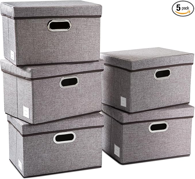 Collapsible Storage Containers with Lids [5-Pack] Linen Fabric Foldable Storage Bins Boxes Organizer Baskets Cube with Cover for Home Bedroom Closet Office Nursery (14.9x9.8x9.8)