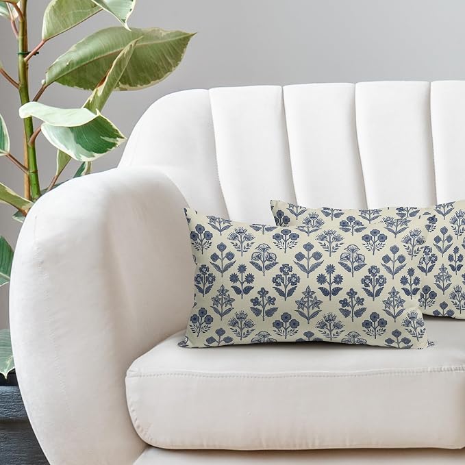 Dark Blue Floral Pillow Covers 12x20 Inch Set of 2, Block Print Lumbar Flower Cream Decorative Throw Pillowcases Outdoor Farmhouse Rectangle Cushion Covers Spring Summer Sofa Couch Bed Decor