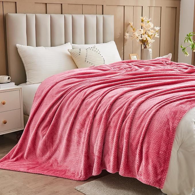NEWCOSPLAY Fleece Leaves Pattern Throw Blanket, Coral Pink, 50"x60" | Super Soft Throw Blanket, Lightweight Cozy Bed Sofa Blanket, Premium Silky Flannel Fleece, Travel Blanket for All Season Use