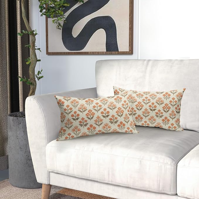 Brown Orange Floral Pillow Covers 12x20 Inch Set of 2, Block Print Lumbar Flower Cream Decorative Throw Pillowcases Outdoor Farmhouse Rectangle Cushion Covers Spring Summer Sofa Couch Bed Decor