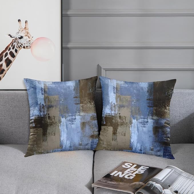 Emvency Throw Pillow Covers Set of 2, 18 x 18 Inch, Blue Abstract | Retro Modern Contemporary Outdoor Decorative Square Pillow Cases Couch Cushion Case for Couch Bed Sofa Living Room Home Decor