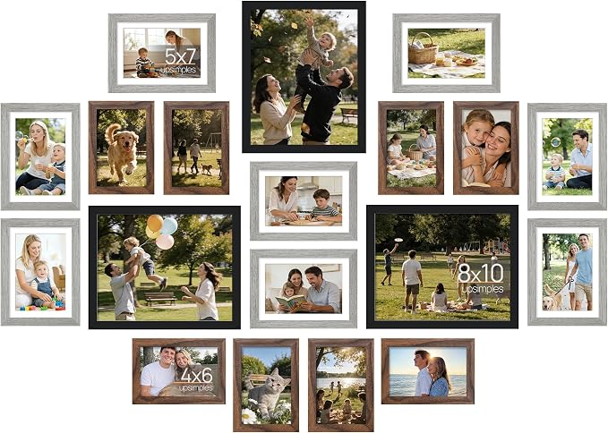 upsimples Picture Frames set of 19, Including 8x10, 5x7, 4x6 Rustic Frame | Black Brown Gray Multi Picture Frames Collage Wall Decor , Gallery Wall Frame Set, Gift For Christmas, Mothers' day, Wedding