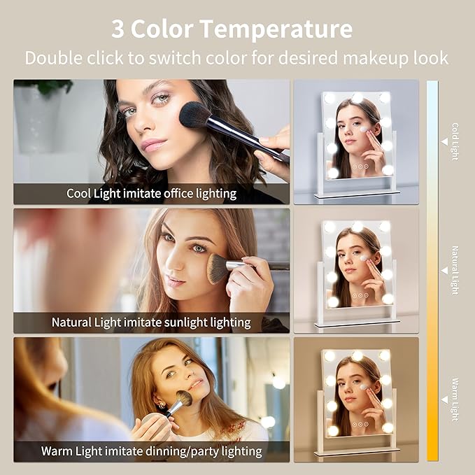 NUSVAN Vanity Mirror with Lights, Makeup Mirror with Lights,3 Color Lighting Modes Detachable 10X Magnification Mirror Touch Control,360°Rotation, White.