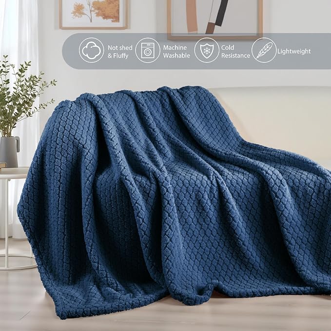 Exclusivo Mezcla Soft Fleece Queen Size Blanket for Bed, Navy Blue | Jacquard Lightweight Cozy Bed Blanket, Breathable Decorative Fuzzy Textured All Season Use, 90x90 Inches