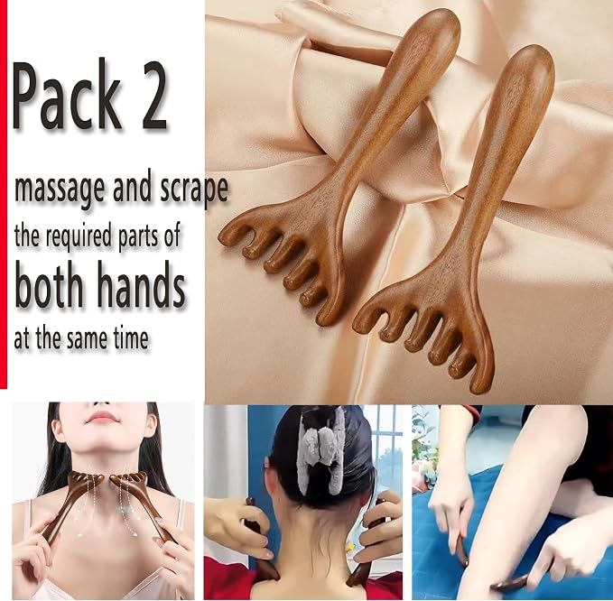 Wooden Self Care Facial Reflexology Hand Self-Massage for Head, Neck and Back, Set of 2 Wood Massage Tools