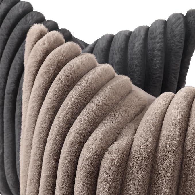 decorUhome Fall Faux Fur Throw Pillow Covers 24x24 Set of 2 Dark Grey | Decorative Soft Cozy Striped Plush Modern Farmhouse Boho Couch Pillow Cases Velvet Back for Sofa Bed Living Room Home Decor