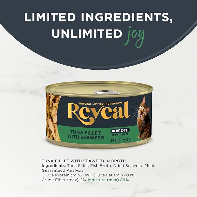Reveal Natural Wet Cat Food, 24 Count, Grain Free, Limited Ingredient Canned Food for Cats, Tuna with Seaweed in Broth, 2.47 oz Cans | 100% Natural, High Quality Protein, Limited Ingredient, Grain Free, No Fillers, No Artificial Additives, No By-Products