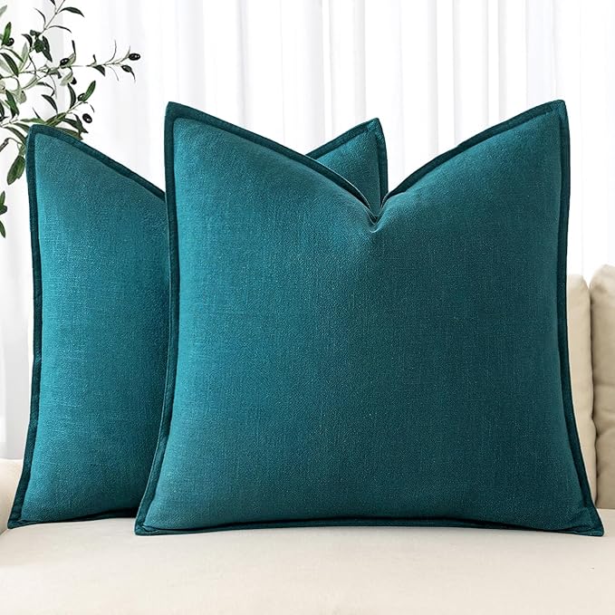 MIULEE Decorative Linen Euro Sham Pillow Covers 24x24 Teal Blue | Boho Farmhouse Neutral Couch Throw Pillows for Bed, Pack of 2 Accent Modern Pillowcases, Sofa Livingroom Home Decor
