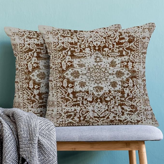 AEIOAE Boho Pillow Covers 22x22 Inch Set of 2,Brown Beige Carpet Pattern Throw Pillows Case,Ethnic Design Retro Outdoor Decorative Square Linen Farmhouse Decor Cushion Covers for Home Sofa Couch