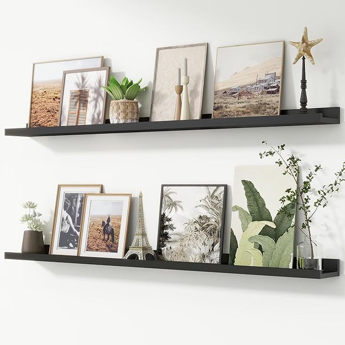 Picture Ledge Shelf, Long Floating Shelves for Wall, 52" W Set of 2, Black | FSC Certified Engineered Wood, Wall Mounted Bookshelf, for Nursery Living Room Bedroom, Easy Install