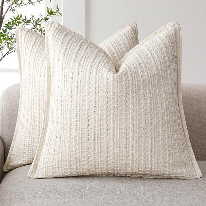 Foindtower Set of 2 Decorative Cotton Waffle Weave Throw Pillow Covers Euro Shams Cushion Covers Accent European Pillowcase for Bed Couch Sofa Bedroom Living Room Home Decor 20×20 Inch Natural Ivory
