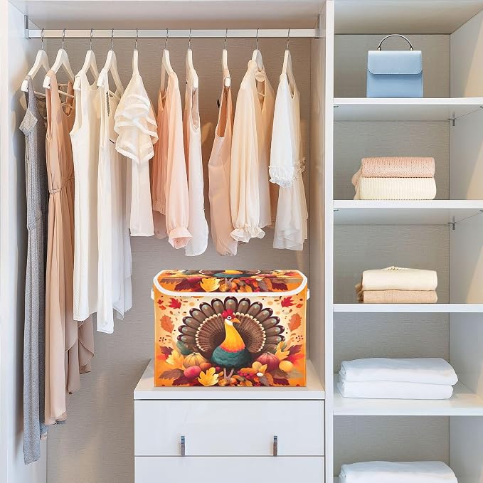 Thanksgiving Turkey Storage Bins with Lids and Carrying Handle,Foldable Storage Boxes Organizer Containers Baskets Cube with Cover for Home Bedroom Closet Office