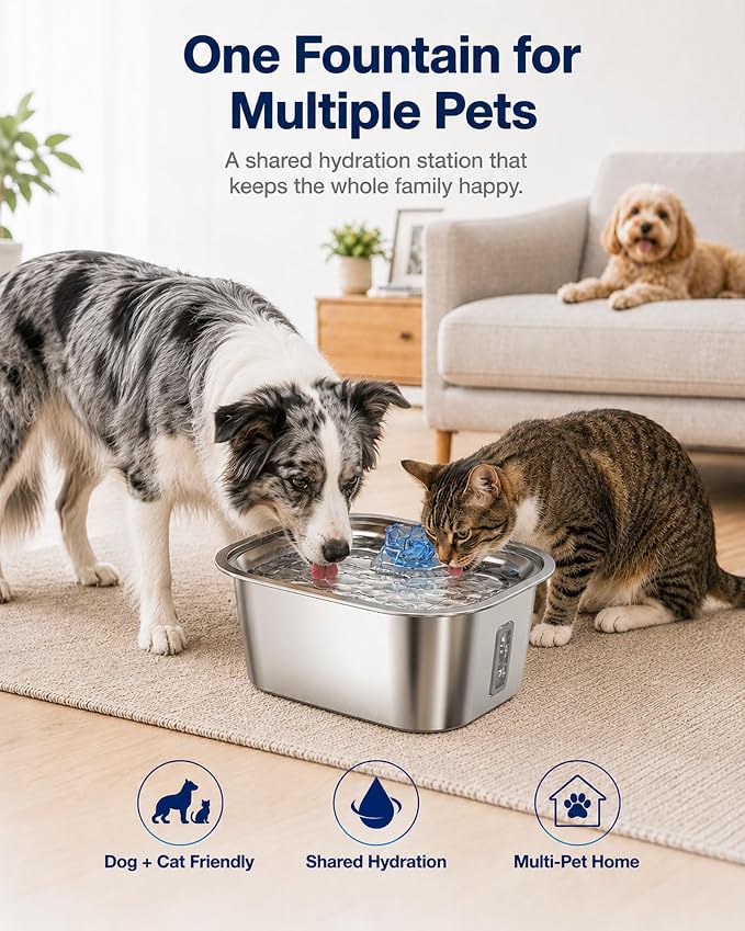 PETNF 2.1-Gallon Stainless Steel Dog Water Fountain for Large Dogs, Dog Water Bowl Dispenser with 4 Filters, Visible Water Window, Quiet Pump & LED Low-Water Indicator