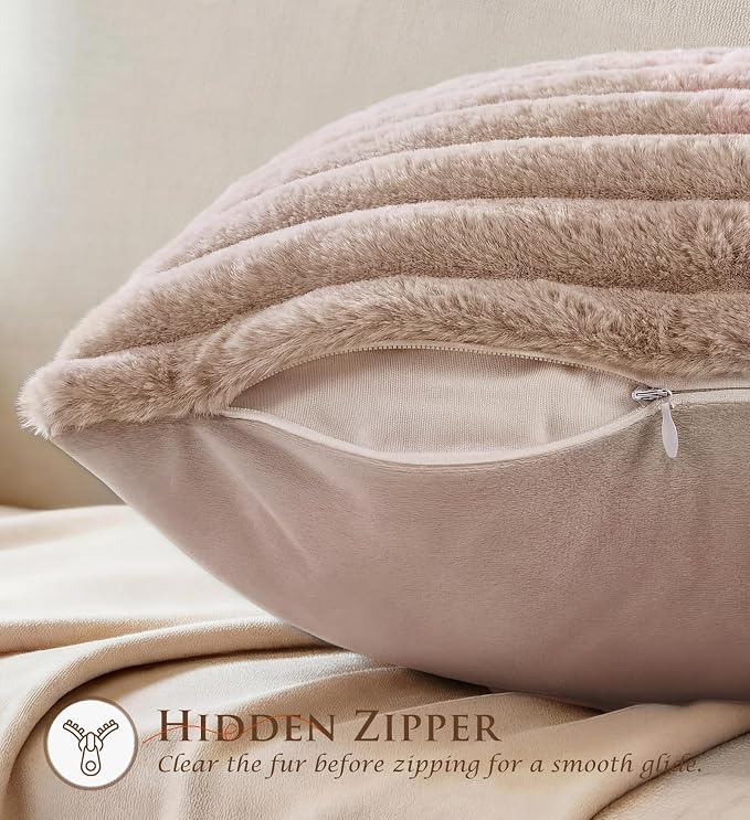Pack of 2 Throw Pillow Covers 20x20 Decorative Solid Plush Faux Fur with Soft Velvet Back, Square Striped Cushion Cases Modern Farmhouse Home Decor for Living Room Couch Sofa Bed Apricot