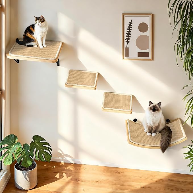 Cat Floating Wall Shelf with Scratching Mat, 1PC, 9.7X16.6 Inch | 1 Inch Thick Wood Board , Wall Mounted, Supports to 30 LBS, For Sleeping, Playing, Climbing