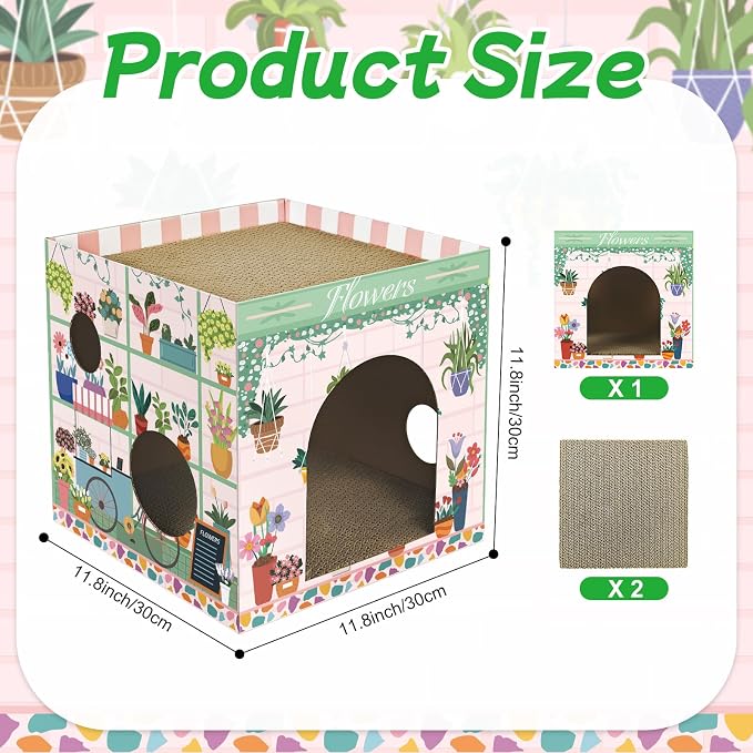 Cinrobiye Cardboard Cat House with 2 Pcs Scratching Pad，Pet Hideaway Cave Board Bed Playhouse Condo Box Decor Small Animals Scratcher Bed for Indoor Cats Kittens Rabbits Bunny