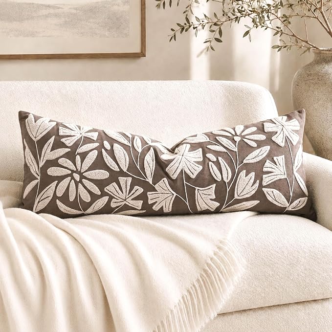 Long Lumbar Pillow Cover 14x36 for Bed, Taupe Brown Floral Tufted Velvet Accent Oversize Throw Pillowcase for Bedroom, Cover Only
