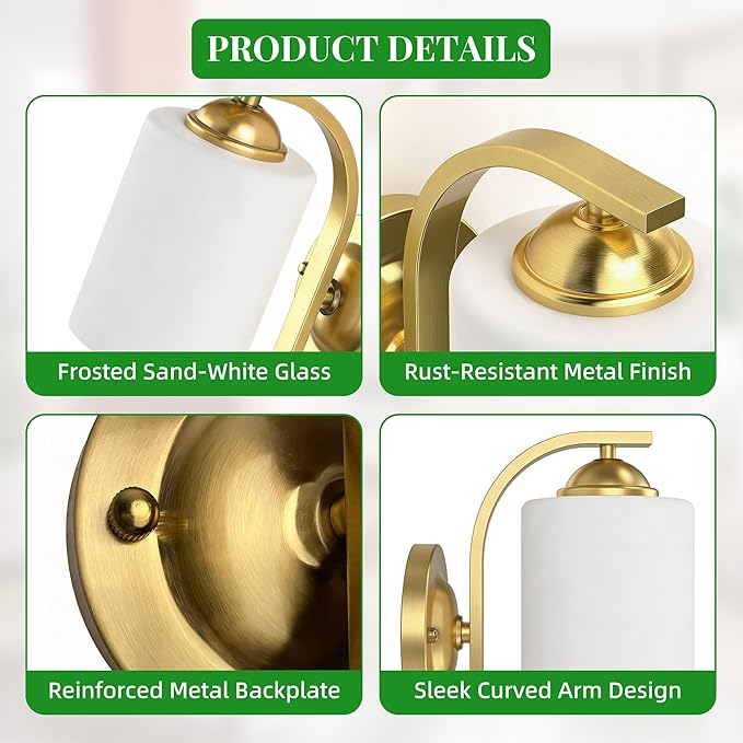 2-Pack Wall Sconces for Bedroom and Bathroom, Gold Farmhouse Wall Light Fixtures with Glass Shade, Modern Vanity Wall Lamps for Living Room, Hallway, Kitchen