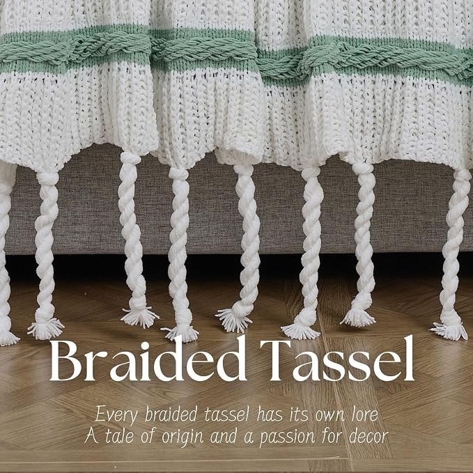 Boho Knitted Chenille Blanket with Tassels - Lightweight & Soft All-Season Throw - 3D Classic Pattern for Living Room Bedroom Couch, Sage Green(Striped), Queen 90"x90"