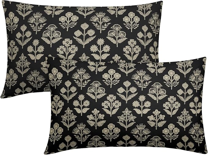 Black Pillow Covers 12x20 Inch Set of 2, Cream Floral Block Print Pattern Lumbar Decorative Throw Pillowcases Outdoor Farmhouse Rectangle Cushion Covers Spring Summer Sofa Couch Bed Decor