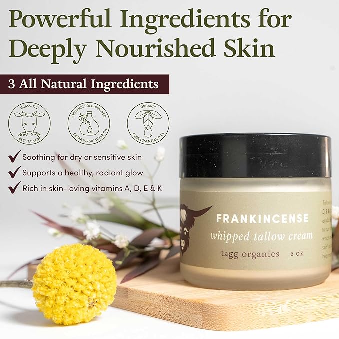 Whipped Tallow Cream for Skin - 100% Organic & Chemical-Free - Deep, Long-Lasting Hydration & Nourishment for Dry & Sensitive Skin (Frankincense 2oz)