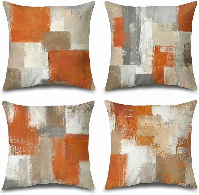 Burnt Orange Modern Abstract Throw Pillow Covers 18x18 Set of 4 | Burnt Orange & Grey Geometric Cushion Cases, modern aesthetic pillowcases for sofa, bedroom & chair.