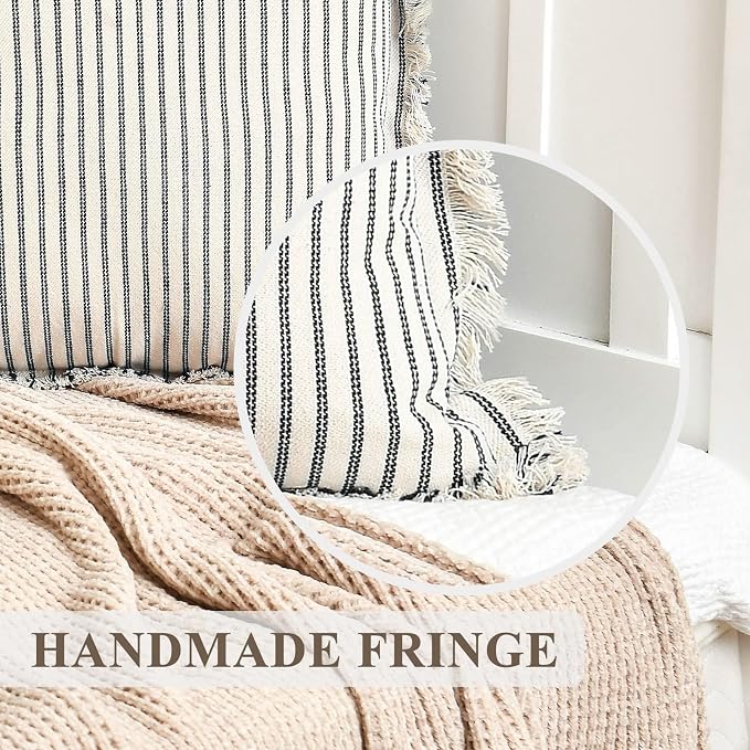Throw Pillow Covers 20x20 Set of 2 Striped Pillow Covers with Fringe Chic Cotton Decorative Pillows Square Cushion Covers for Sofa Couch Bed Living Room Farmhouse Decor, (Gray)