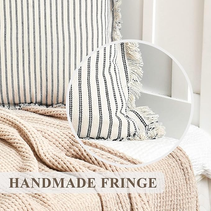 Throw Pillow Covers 18x18 Set of 2 Striped Pillow Covers with Fringe Chic Cotton Decorative Pillows Square Cushion Covers for Sofa Couch Bed Living Room Farmhouse Decor, (Black)