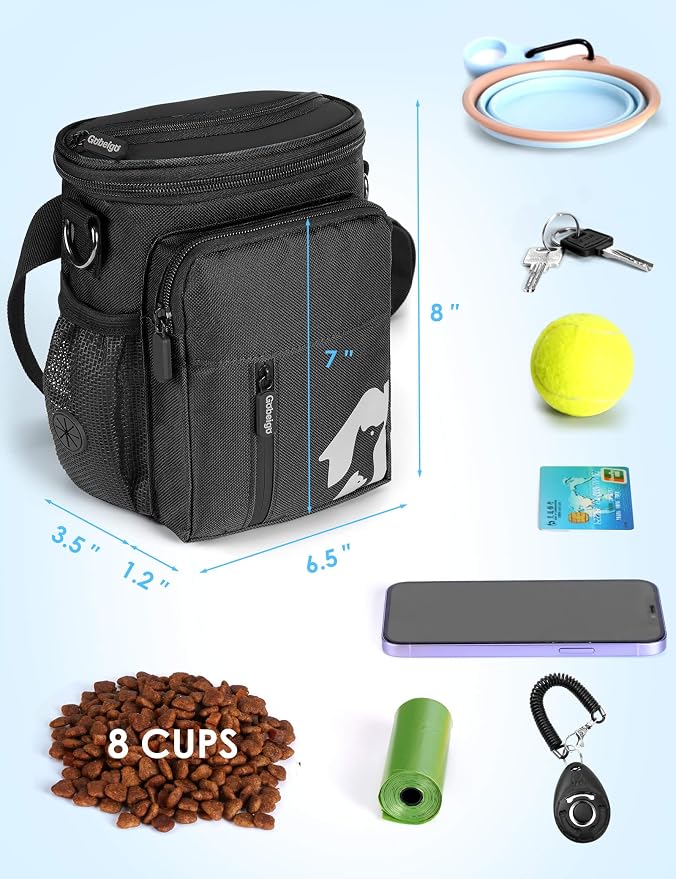 Gobeigo 8 Cup Dog Treat Pouch with Training Clicker(Full Black) | 3 Ways to Wear/ Built-in Poop Bag Dispenser/ Zipper Front Pocket Phone Friendly Treat Bag for Pet Training & Walking