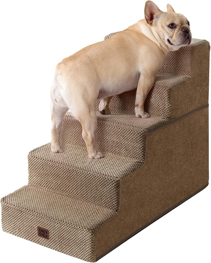EHEYCIGA Dog Stairs for High Bed 22.5" H, 5-Step Dog Steps, Camel | Pet Steps for Small Dogs and Cats for Bed, Non-Slip Balanced Pet Ramp Indoor