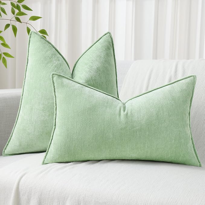 decorUhome Chenille Sage Green Velvet Throw Pillow Covers 20x20 Set of 2 | Fall Soft Couch Decorative Modern Farmhouse Pillow Cases with Elegant Design for Sofa Bed Living Room Home Decor