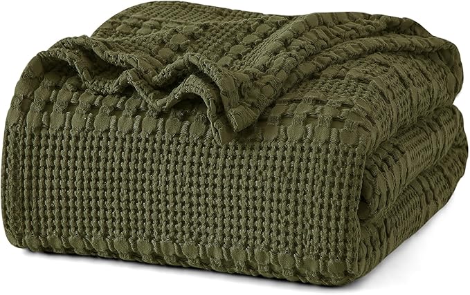 PHF 100% Cotton Waffle Weave Blanket Queen Size, Lightweight Breathable Summer Blanket for Hot Sleepers, Pre-Washed Soft Layer for Bed, Couch, Aesthetic Home Decor & Gift, 90"x90", Capulet Olive