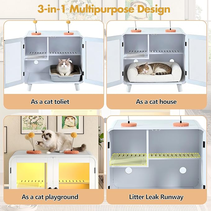 30.7 Inch Cat Litter Box Enclosure Furniture with Stairs, White | RGB LED Light, Dual Glass Doors, Litter Leak Walkway, Pom-Pom Toys, Side Stairs and 220 lb Top Capacity for Indoor Cat Care