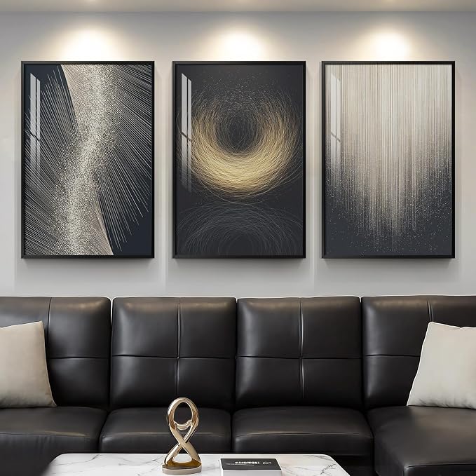 Large Framed Black and Gold Modern Luxury Abstract Wall Art for Living Room, 3 Piece Brights Prints Paintings Artwork for Walls, Sparkle Pictures for Entryway Dining Bedroom Wall Decor 24x36 In