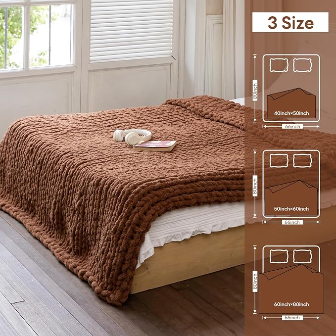 Chunky Knit Blanket - Luxury Soft Cozy 60 * 80 Throw Blanket,100% Woven Blanket Rope Knot Throw Blanket for Couch, Sofa, Home Decor, Gift - Machine Washable (Reddish-Brown, 60 * 80)