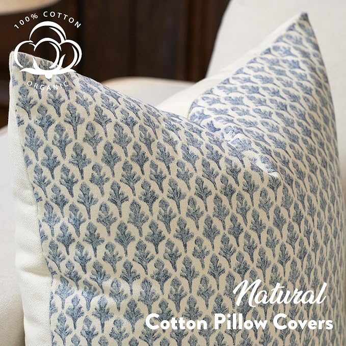 FIOUOVO Floral Pillow Covers 18x18 Pillow Cover Block Print Couch Pillows for Living Room Decorative Neutral Accent Throw Pillow Covers, 1PC, Aqua Blue
