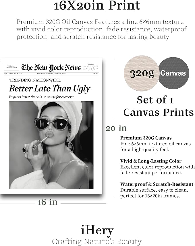 iHery 16x20in Audrey Hepburn Better Late Than Ugly Unframed Wall Art | Unframed Canvas Print, Vintage Fashion Wall Decor Poster for Bathroom, Bedroom, Apartment and Girl Dorm, 1Pack