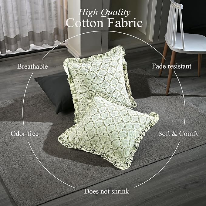 CPC Fern Regal Hand Block Print 100% Cotton Ruffle Throw Pillow Cover 18x18 inch with Hidden Zipper Decorative for Couch, Bed, Sofa, Farmhouse, Cottagecore Decor Gift Christmas Fall Thanksgiving