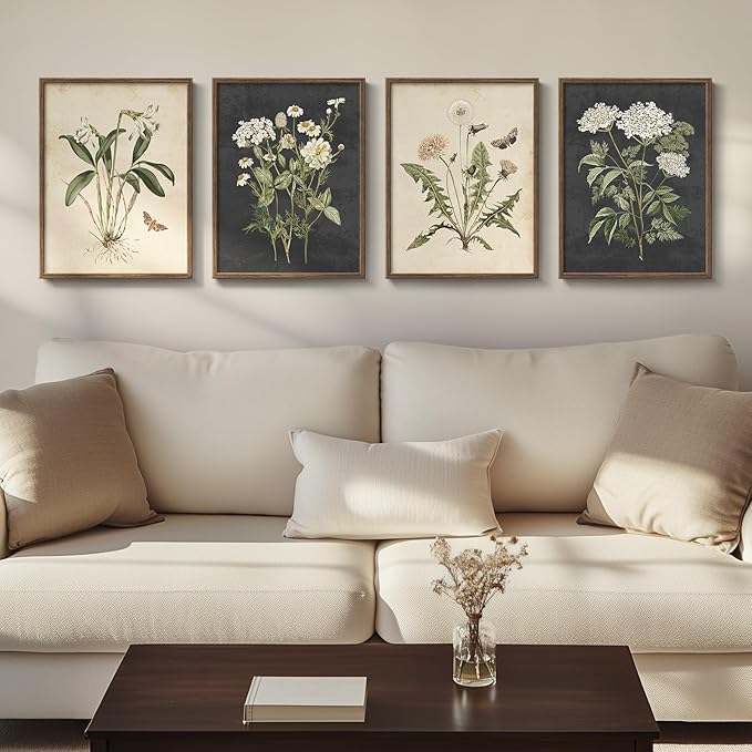 Framed Vintage Botanical Floral Wall Art for Living Room, 4 Piece 12x16 In | Farmhouse wall decor, Flower pictures, Rustic retro paintings, Ready to hang canvas prints, Kitchen bedroom bathroom decor