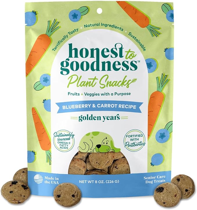 Honest to Goodness Plant Snacks Golden Years Senior Support Dog Treats, Blueberry & Carrot Recipe, 8oz | Crunchy, Plant-Based, Golden Years Senior Support, Enriched with Omega 3 Fatty Acids, Fortified with Postbiotics, USA Made