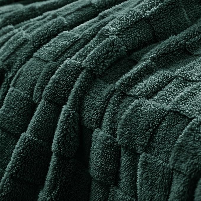Exclusivo Mezcla 3D Checkered Fleece Queen Blanket for Bed, Green | Super Soft and Cozy Fluffy Blanket, Lightweight, Breathable, Decorative Blanket for Living Room, Bedroom, All Season, 90"x90"