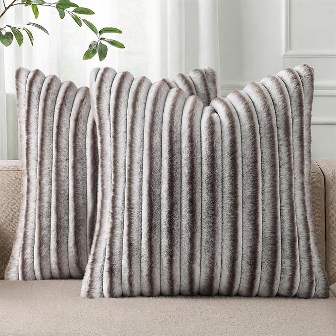 Pallene Faux Fur Decorative Throw Pillow Covers 18x18 Set of 2, Ombre Brown | Luxury Plush Texture, Striped Design, Cozy Soft Touch, Modern Home Accent Decor for Couch, Sofa, Bed, Living Room